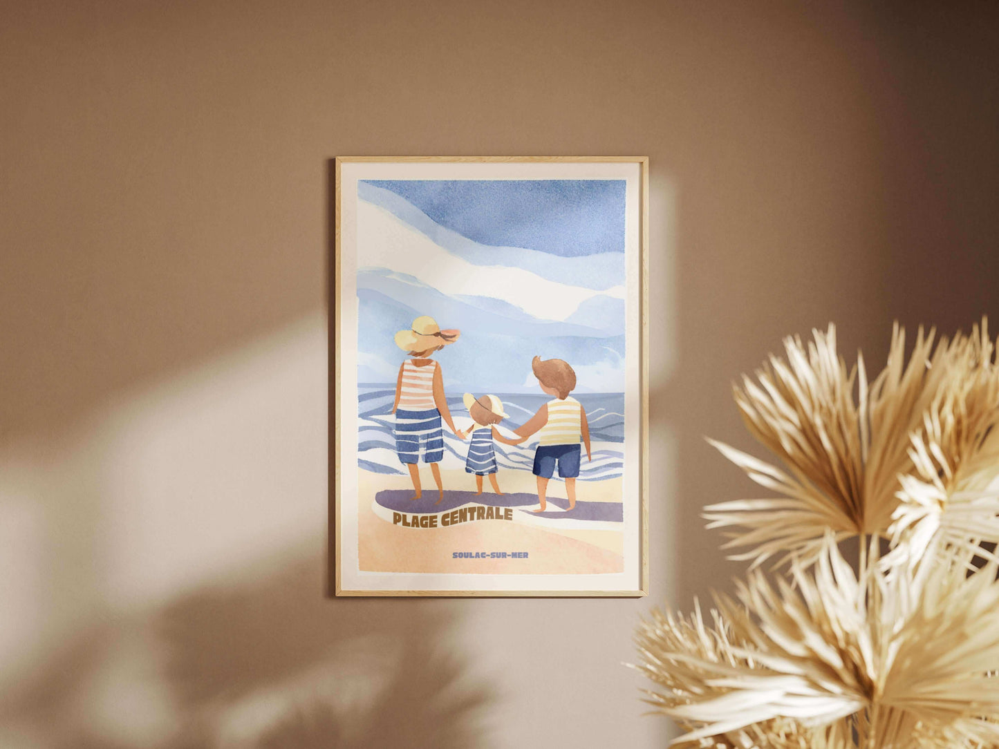 affiche soulac sur mer bleu avec fond famille sur la plage centrale superbe affiche made in france imprimée à bordeaux, eloise creation