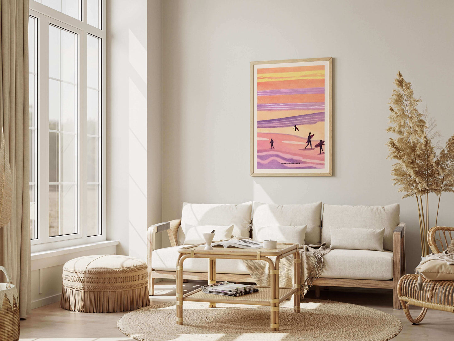 affiche soulac sur mer surf au couché de soleil couleur rose orange et violet surfeur affiche made in france imprimée a bordeaux
