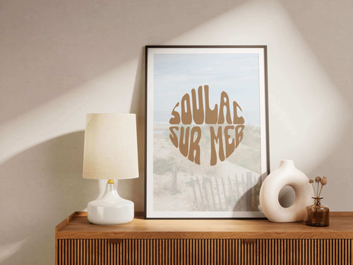 affiche soulac sur mer marron avec fond de dune a la plage ocean atlantique superbe affiche made in france imprimée à bordeaux, eloise creation