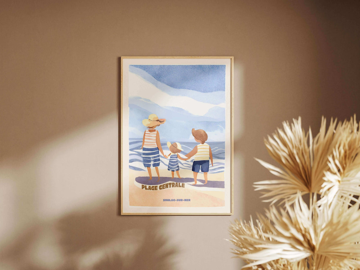 affiche soulac sur mer bleu avec fond famille sur la plage centrale superbe affiche made in france imprimée à bordeaux, eloise creation