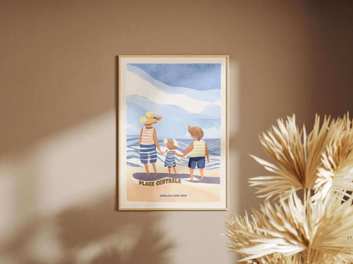 affiche soulac sur mer bleu avec fond famille sur la plage centrale superbe affiche made in france imprimée à bordeaux, eloise creation