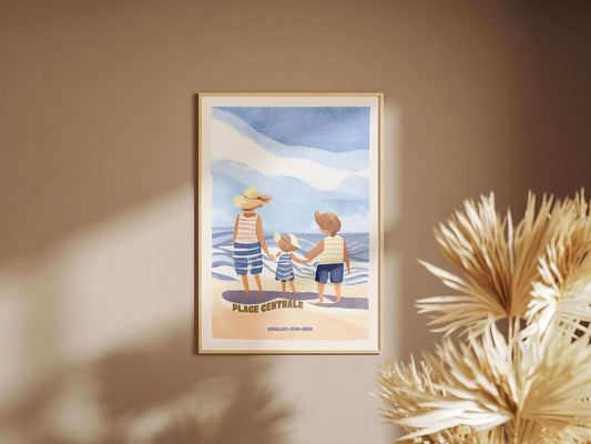 affiche soulac sur mer bleu avec fond famille sur la plage centrale superbe affiche made in france imprimée à bordeaux, eloise creation